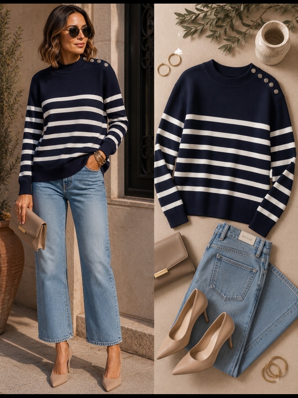 Kirundo Navy Breton Stripe Button Shoulder Sweater XL Quiet Luxury